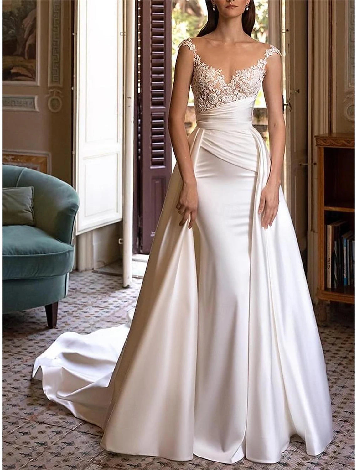 Chic And Comfortable V Neck Off Shoulder Sleeveless Chapel Train Satin Bridal Gowns With Pleats Ruched Wedding Dresses