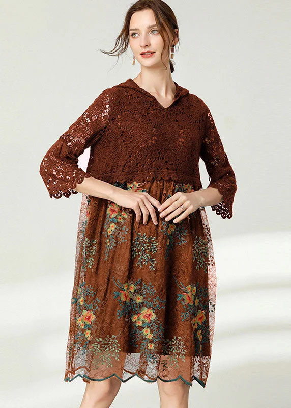 Women's Wedding Apparel Chocolate Hollow Out Lace Dresses Embroideried Spring