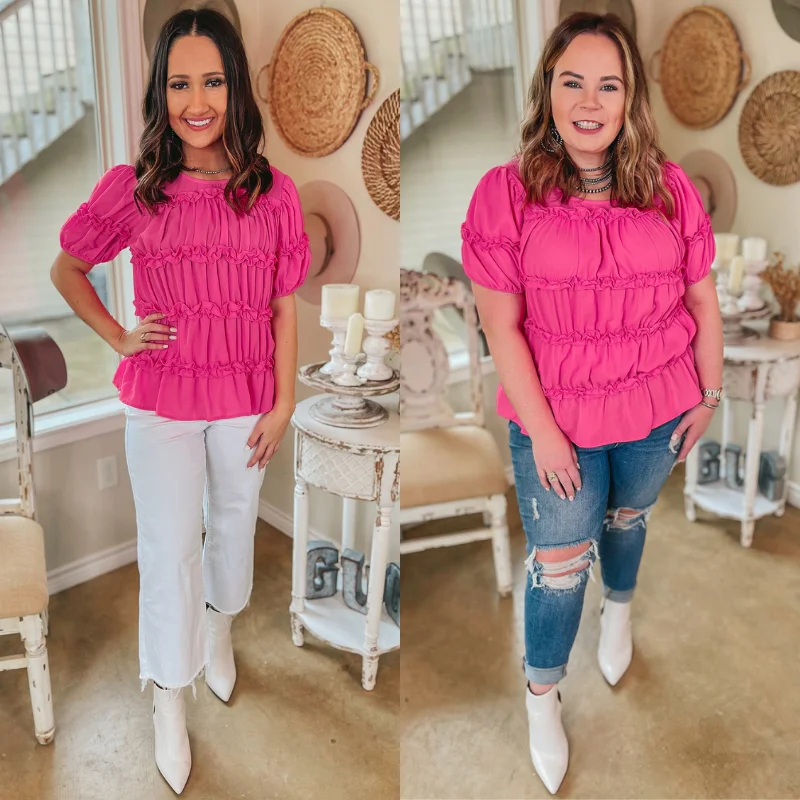 Daily Deals Last Chance Size Large | Hollywood Stroll Short Sleeve Ruffle Blouse in Fuchsia Daily Deals Last Chance Size Large | Hollywood Stroll Short Sleeve Ruffle Blouse in Fuchsia