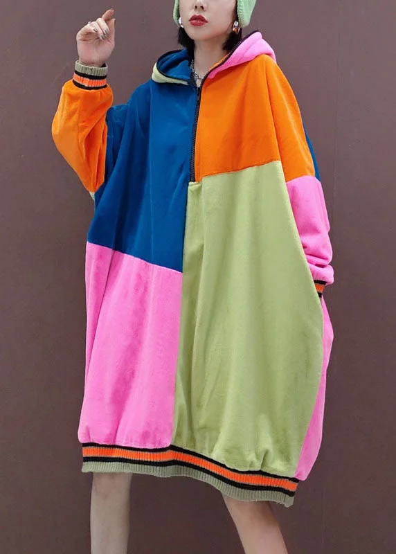 Women's High-Fashion Apparel Italian multi Hooded Pockets Patchwork Pullover Sweatshirt dresses Spring