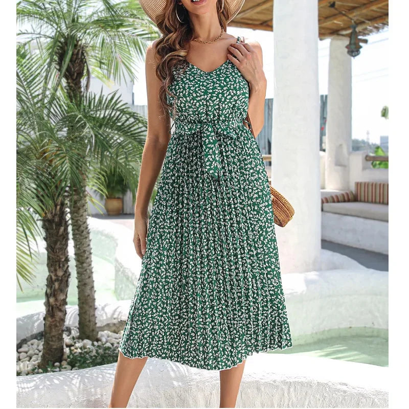 Women's Stylish Professional Garments Elegant Floral Print Pleated Summer Midi Dress 2024 Casual V-Neck Lace Up A-Line Midi Dress