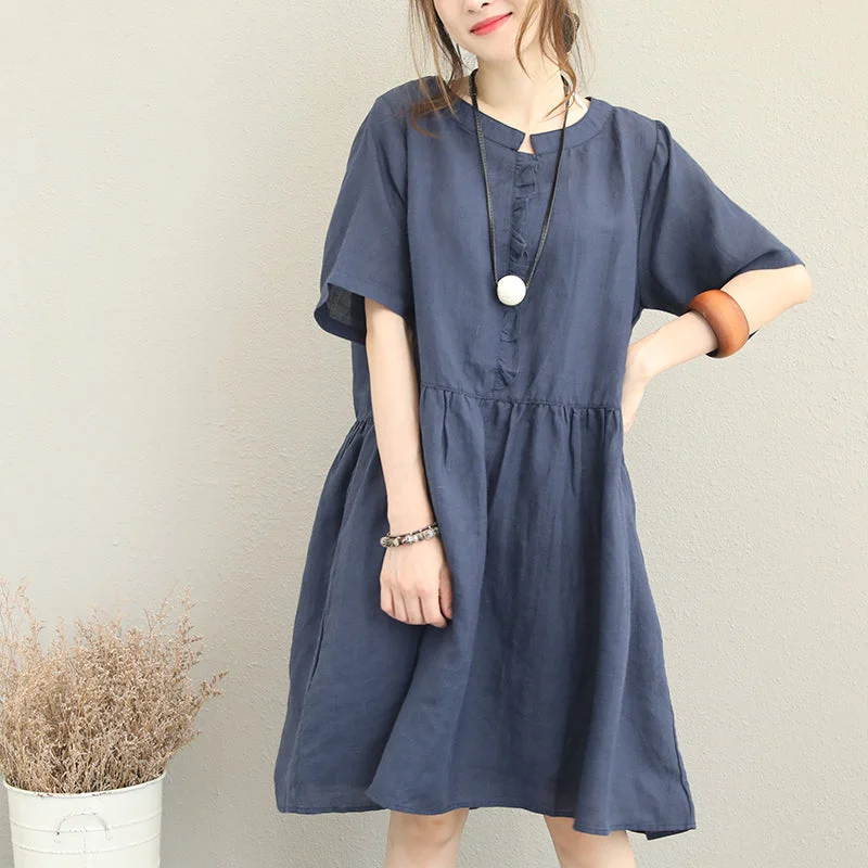 Women's Formal Event Outfit stylish blue linen dress oversize linen maxi dress women ruffles o neck cotton dress