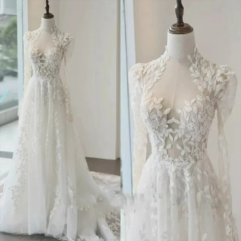 Trendy Athleisure Clothing For Women Romantic A Line Bride Dresses Vintage Lace Appliques Wedding Dress Wedding Long Sleeves Dresses for Woman Vestidos De Novia