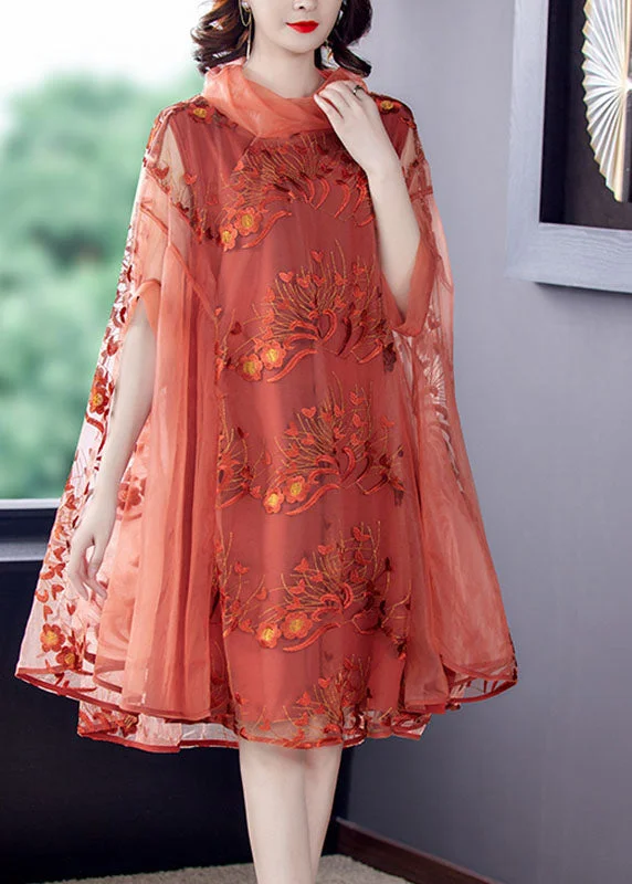 Fashion-Forward Women's Clothing Orange Tulle Patchwork Dress Turtle Neck Spring