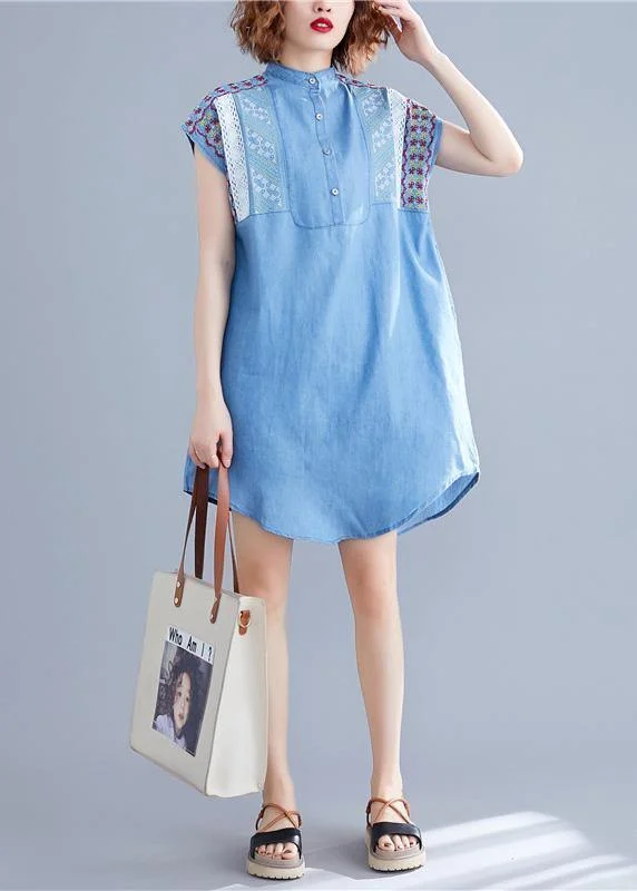 Sustainable Fashion Clothing For Women Loose denim blue Cotton dresses stand collar embroidery tunic summer Dresses