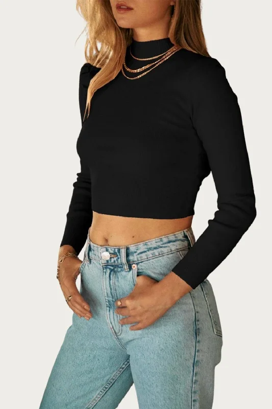 Affordable Women's Garments Cropped Open-Back Mock Neck Sweater In Black