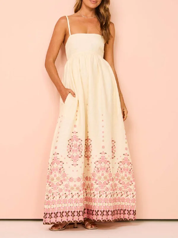 Women's Plus-Size Apparel Ethnic Print Halter Charming Cream Extra Maxi Dress