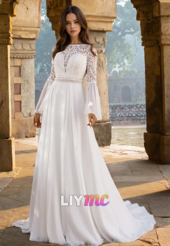 Women's Plus-Size Clothes Bateau Long Sleevees Appliques Chiffon Boho A-Line Wedding Dress