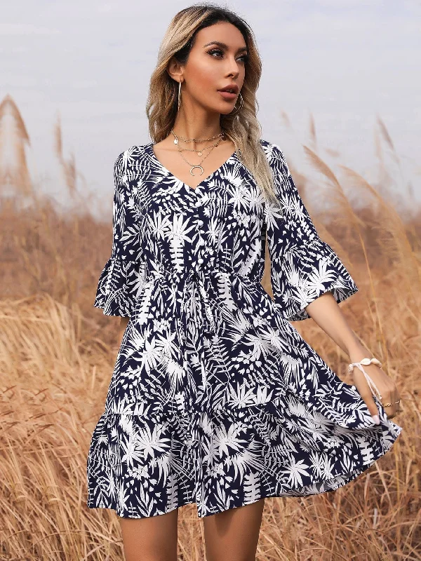 Casual Attire For Women KittenAlarm - Ditsy floral print V neck Flutter Sleeve Belted Dress