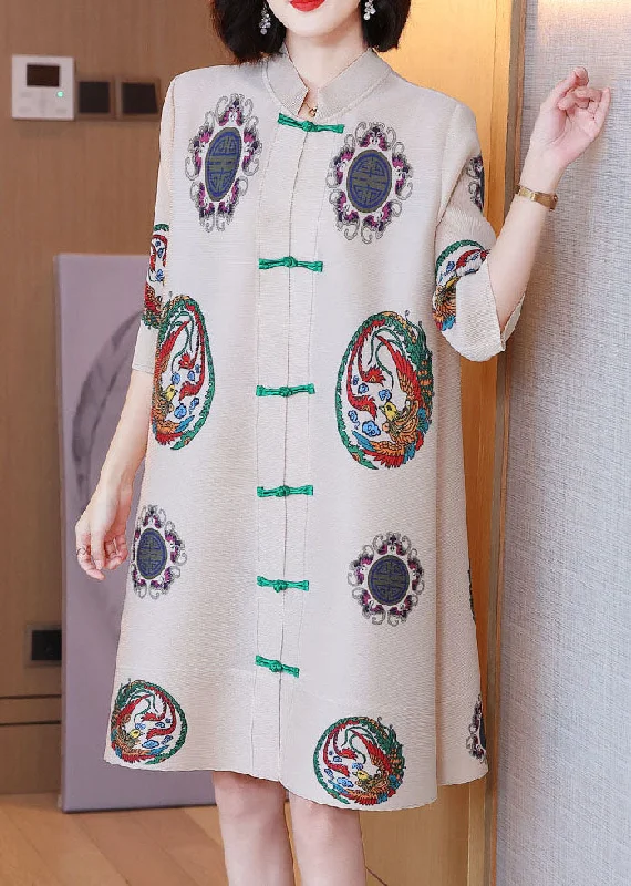 Women's Transitional Clothes Apricot Print Chiffon A Line Dresses Oriental Button Half Sleeve