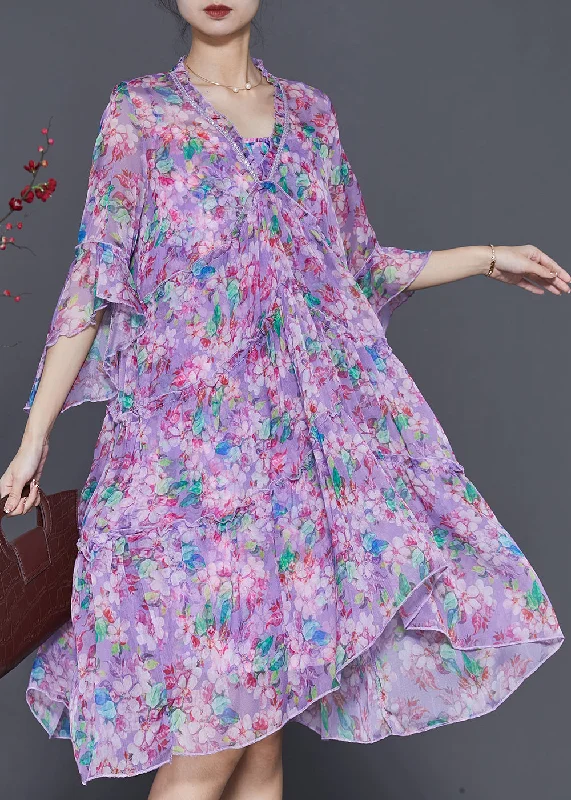 Women's Vintage Clothes DIY Purple Ruffled Print Exra Large Hem Chiffon Dress Summer