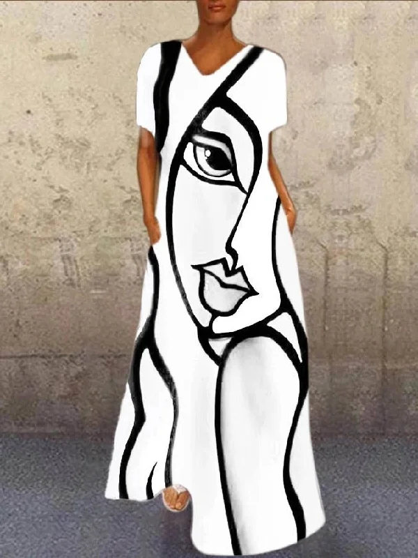 Formal Attire For Women Picasso Face Print Dress, Boho Summer Dress For Women