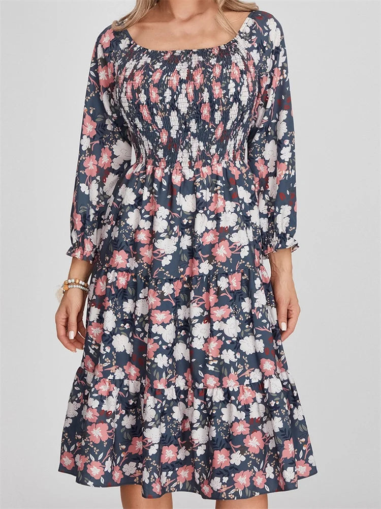 Vintage Women's Fashion Vintage Bohemian Floral Print Long Sleeve High Waist A-Line Midi Dress Vintage Women's Fashion Vintage Bohemian Floral Print Long Sleeve High Waist A-Line Midi Dress