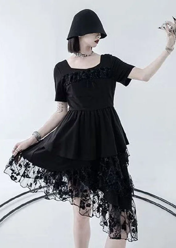 Classic Clothes For Women Black Patchwork Tulle Cotton O Neck Cake Dress Asymmetrical Half Sleeve