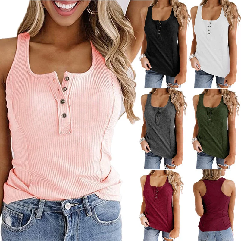 Trendy Women's Wear Collection Solid Color Button Sleeveless Tank Top T Shirt Women