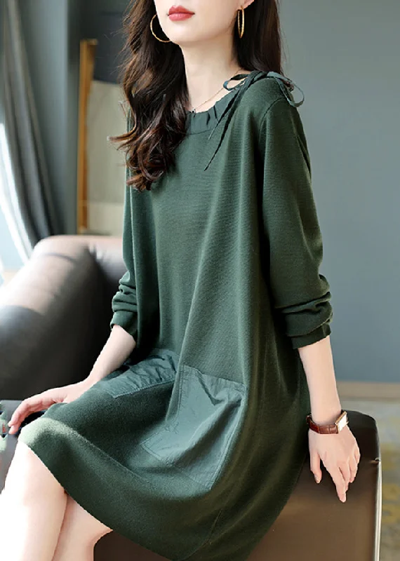 Women's Vacation Outfit Fashion Blackish Green Oversized Drawstring Cotton Dress Spring