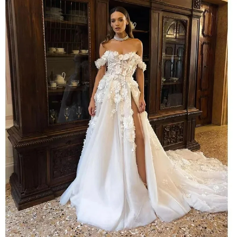 Women's Vacation Clothes Sweetheart A-line Wedding Dress Tulle Appliques Flowers High Slit Bridal Gowns Fashion Amanda Novias Vestido De Novia