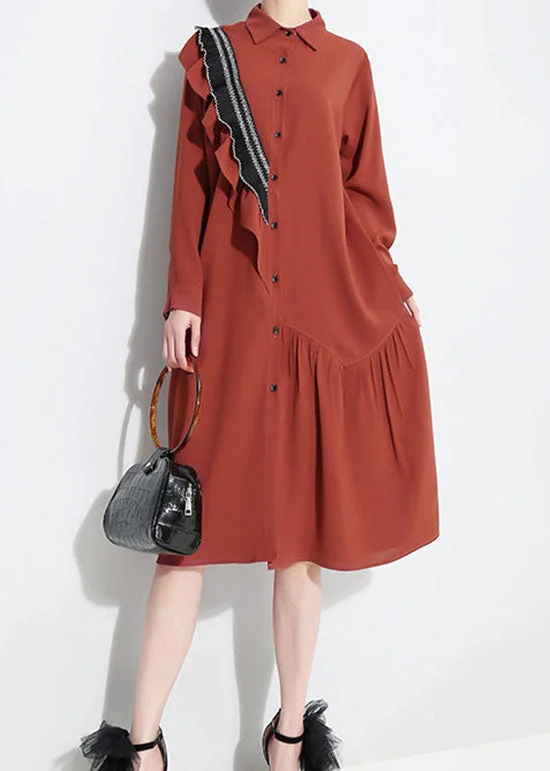 Women's Casual Wear Clothing Fashion Red Peter Pan Collar Asymmetrical Ruffled shirt Dress Spring