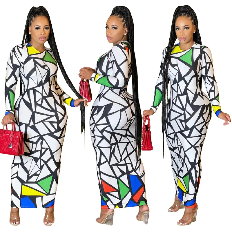 Clothing Brands Wholesale Spring Summer Long Fashion Casual Round Neck Long Sleeve Position Print Maxi Dress
