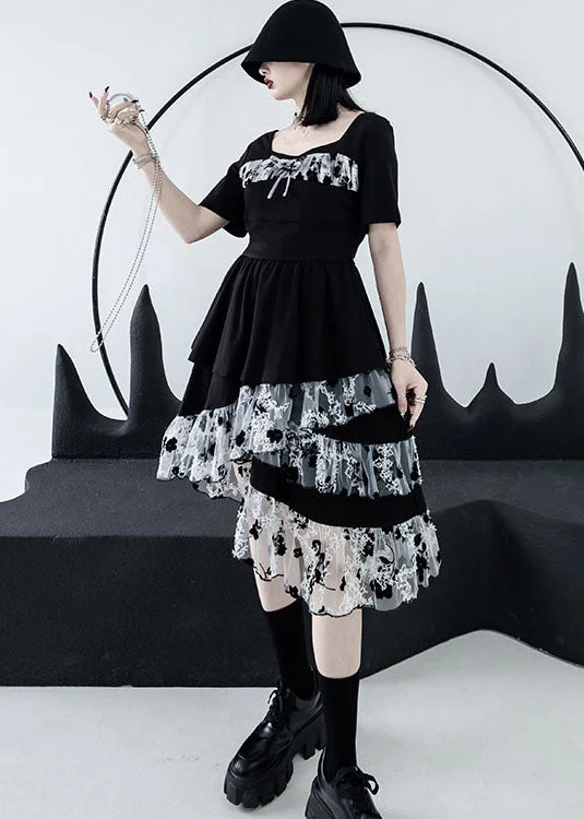 Women's Trendy Casual Clothes Black White Ruffles Tulle Patchwork Cotton Dress Square Collar Asymmetrical Design Summer