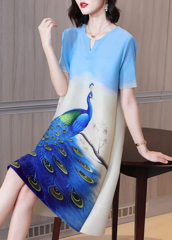 Women's Clothing for Every Occasion Elegant Blue O-Neck Peacock Print Silk Mid Dress Short Sleeve Women's Clothing for Every Occasion Elegant Blue O-Neck Peacock Print Silk Mid Dress Short Sleeve