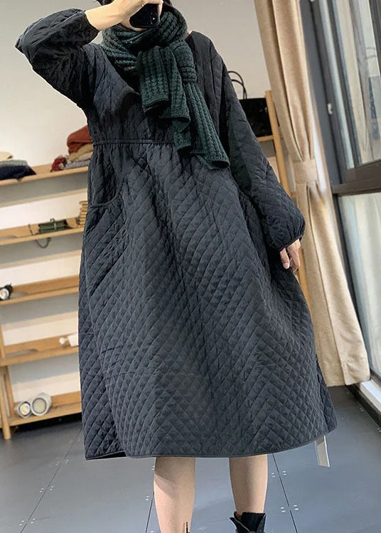 Chic Women's Garments diy Black Cinched Pockets Fine Cotton Filled Dress Winter