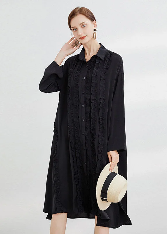 Stylish Women's Clothing Plus Size Black Button shirts Dress Ruffled Spring