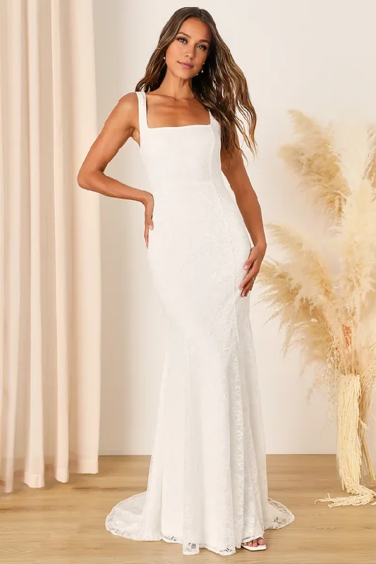 New Season Fashion Preview White Lace Square Neck Mermaid Simple Wedding Dresses Court Train Dresses