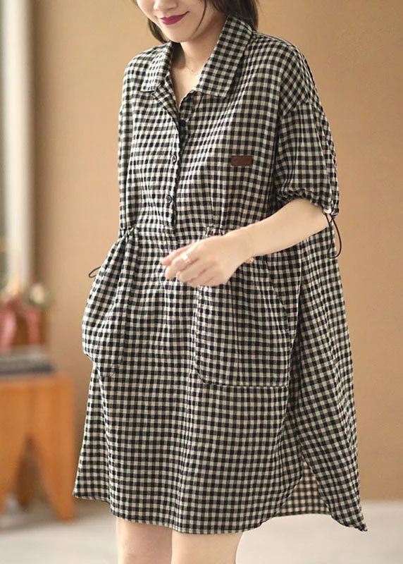 Women's Activewear Garments Stylish Black Beige Plaid Peter Pan Collar Drawstring Cotton Vacation Dresses Short Sleeve