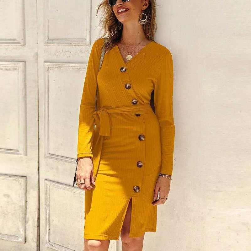 Special Offers FashionSierra - Women Long Sleeve V Neck Button Midi Dress Autumn Winter Knitted Dress Elegant OL Workwear Streetwear Bodycon Vestidos Mujer Special Offers FashionSierra - Women Long Sleeve V Neck Button Midi Dress Autumn Winter Knitted Dress Elegant OL Workwear Streetwear Bodycon Vestidos Mujer