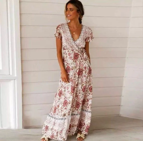 Women's Casual Wear Clothing Boho Floral Summer Maxi Dress for Women, Bohemian Summer Dress