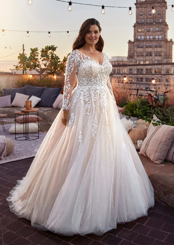 Casual Attire For Women Light Champagne Wedding Dresses Plus Size Long Sleeves V-Neck Bride Gowns Lace A-Line vestidos de novia talla grande