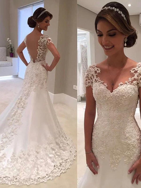 Trend Setting Wardrobe Trumpet/Mermaid Short Sleeves Sweetheart Court Train Lace Wedding Dresses