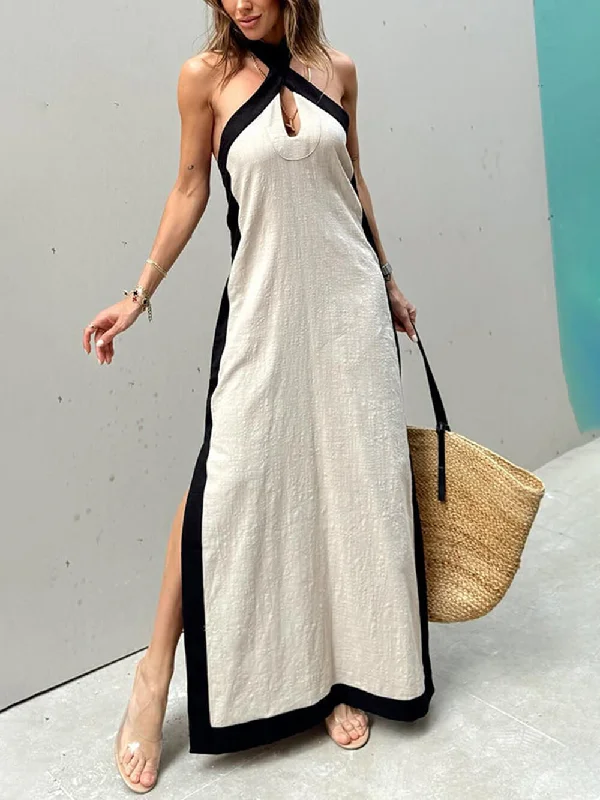 Women's Chic Outfit Color Block Halter Charming Neck Slit Maxi Dress