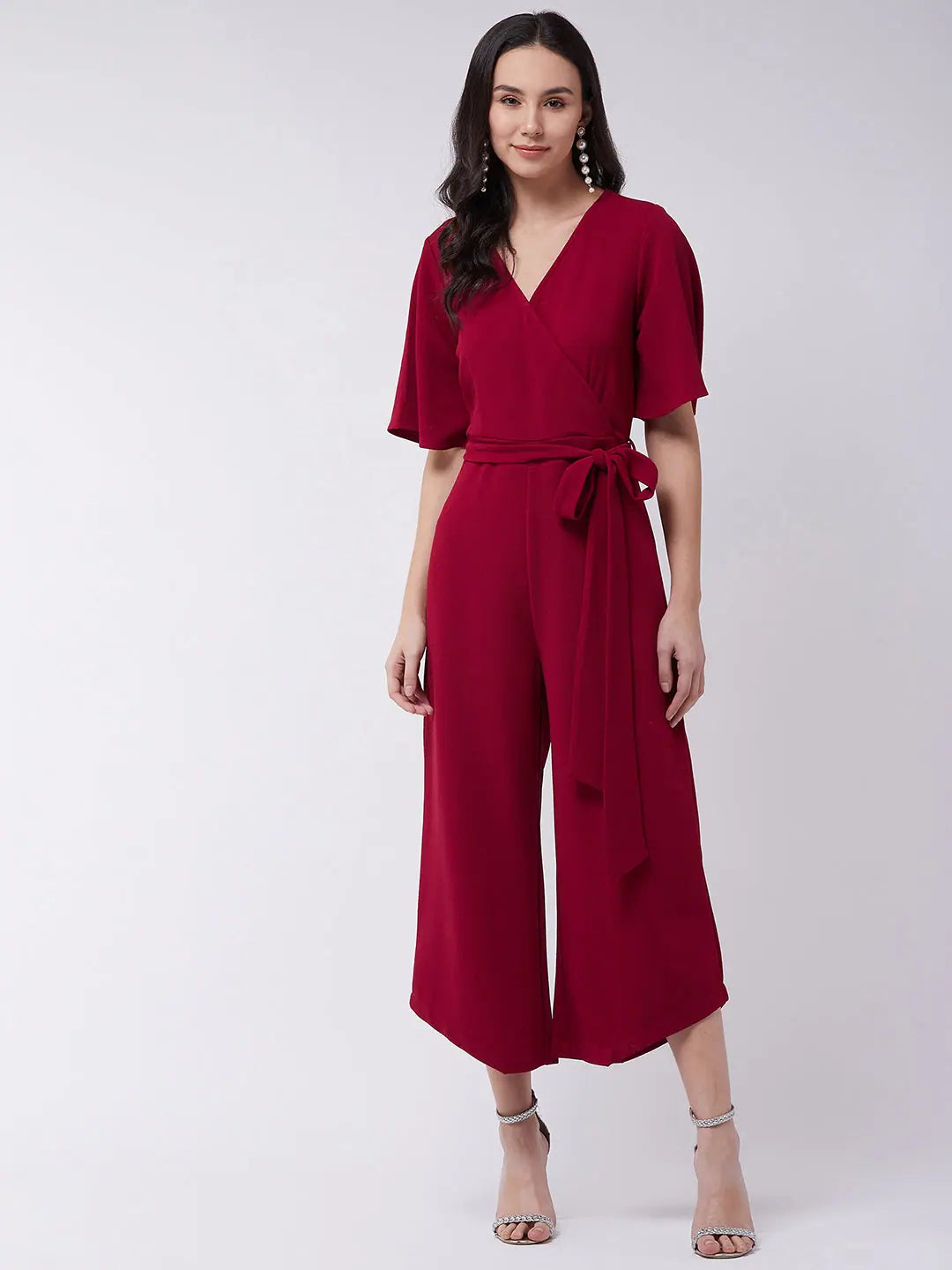 Women's High-Fashion Garments Red Solid Overlap Jumpsuit