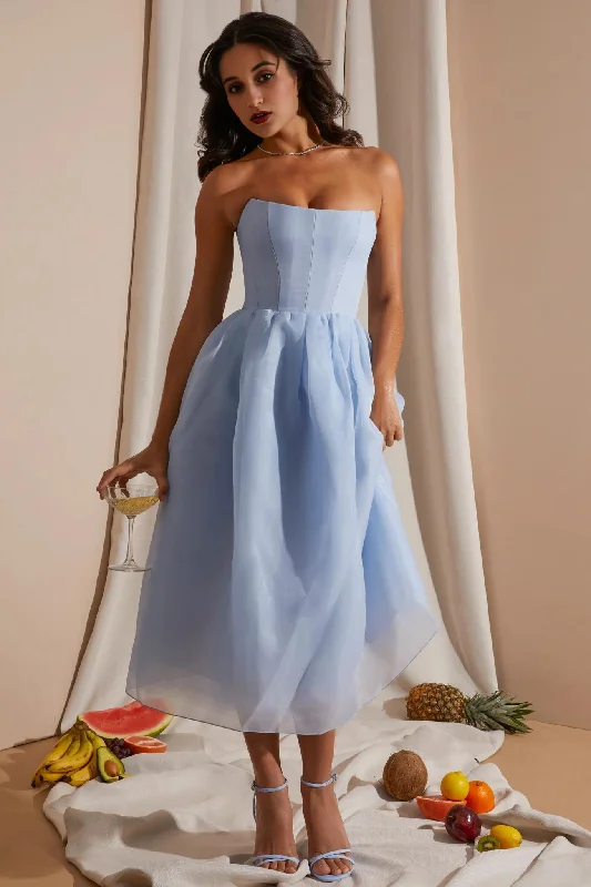 Women's Classic Outfit Strapless Corset Tulle Midi Dress in Blue