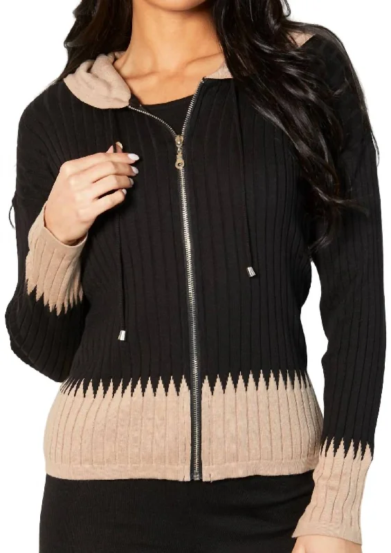 Fashionable Women's Clothes Zip Hoodie Ribbed Cardigan In Black/sand