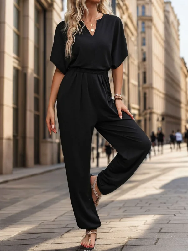 Women's Everyday Attire Notched Half Sleeve Straight Jumpsuit