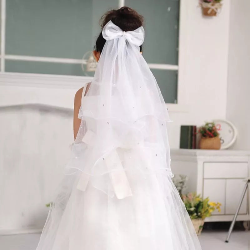 Women's Clothes And Apparel Sets Handmade Double Layer Flower Girls Wedding Veils Cute Rhinestone Bowknot Costume