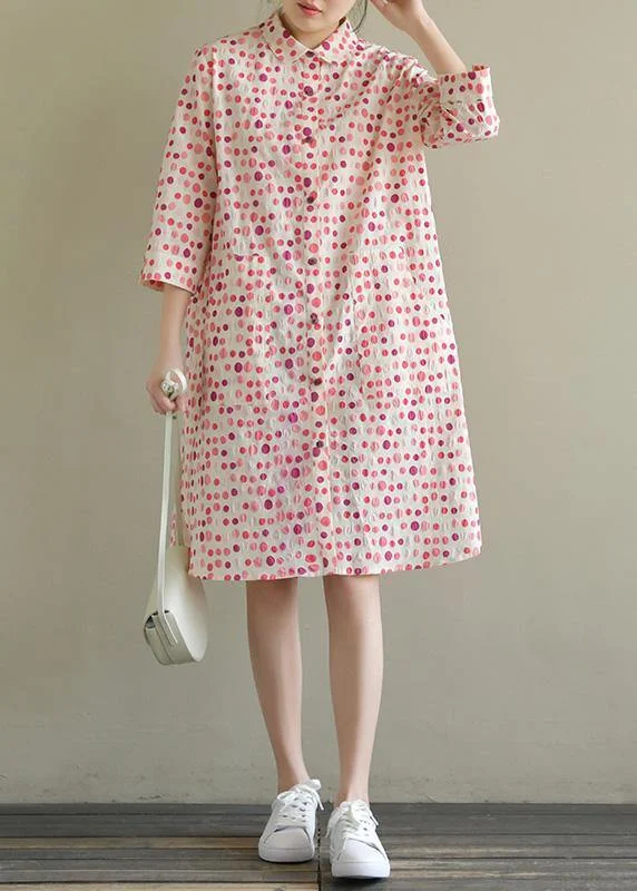 Evening Looks Elegant lapel pockets Cotton dress pink dotted Dress summer