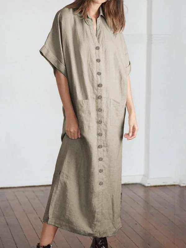 Sophisticated Women's Fashion Women V-Neck Batwing Sleeve Buttons Loose Maxi Dress