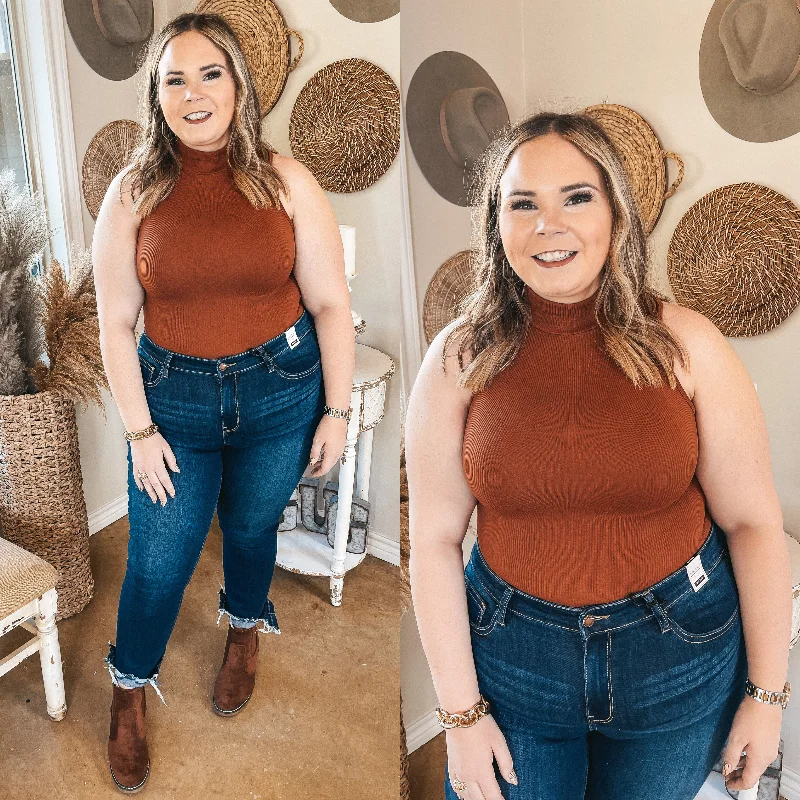 Casual Fashion Trends for Women Love and Luck Turtle Neck Ribbed Tank Top Bodysuit in Rust Orange Casual Fashion Trends for Women Love and Luck Turtle Neck Ribbed Tank Top Bodysuit in Rust Orange