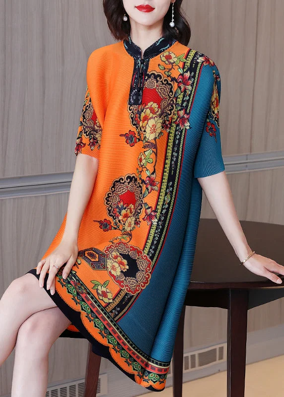 Vintage Women's Fashion Italian Orange Blue Stand Collar Print Silk Vacation Dresses Short Sleeve Vintage Women's Fashion Italian Orange Blue Stand Collar Print Silk Vacation Dresses Short Sleeve