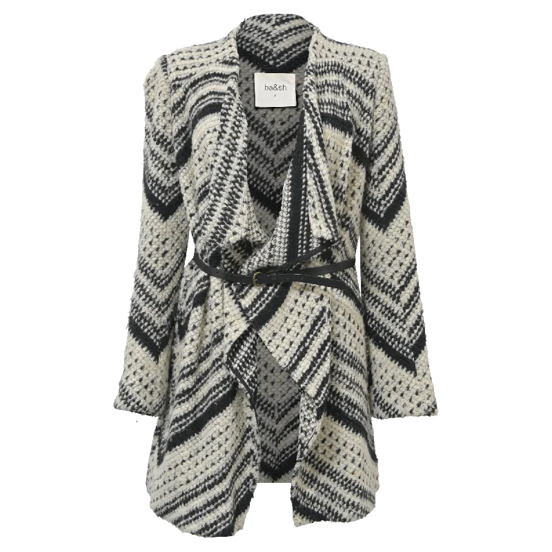 Bold Fashion Ba&Sh Ilda Open Knit Belted Cardigan in Black and White Polyester
