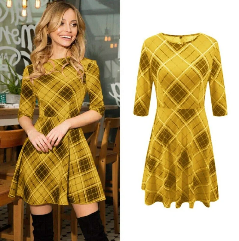 Contemporary Women's Clothing FashionSierra - Summer Women Boho Plaid Check Midi Dress Ladies Elegant Formal Party Beach Wrap Casual Bodycon Round Neck Dress Contemporary Women's Clothing FashionSierra - Summer Women Boho Plaid Check Midi Dress Ladies Elegant Formal Party Beach Wrap Casual Bodycon Round Neck Dress