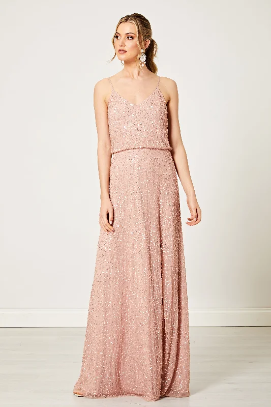 Luxury Women's Clothing Scatter Embellished Sequin Maxi Dress in Rose Gold