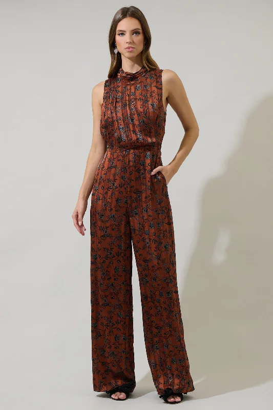 Women's Vintage-Inspired Outfit Leoben Floral Siren Drape Neck Jumpsuit