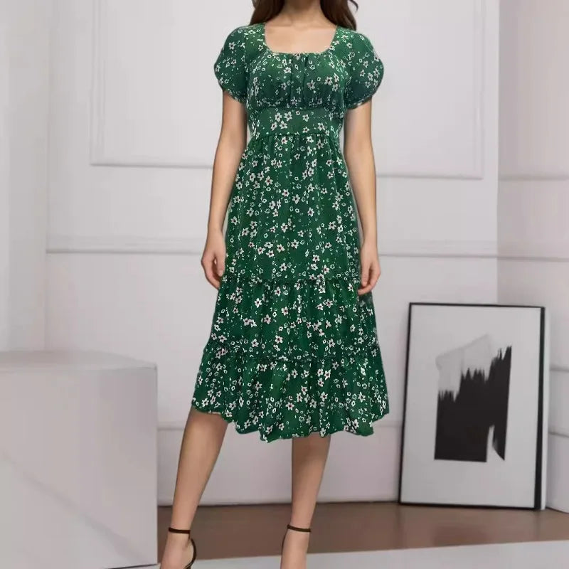 Stylish Outerwear Clothing For Women Elegant Floral Prints Square Neck Short Puff Sleeve Midi Dress