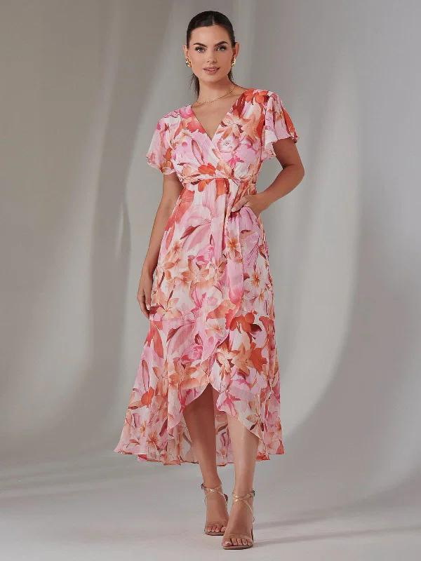 Comfortable Outfit For Women Petite High Low Midaxi Dress, Pink Floral