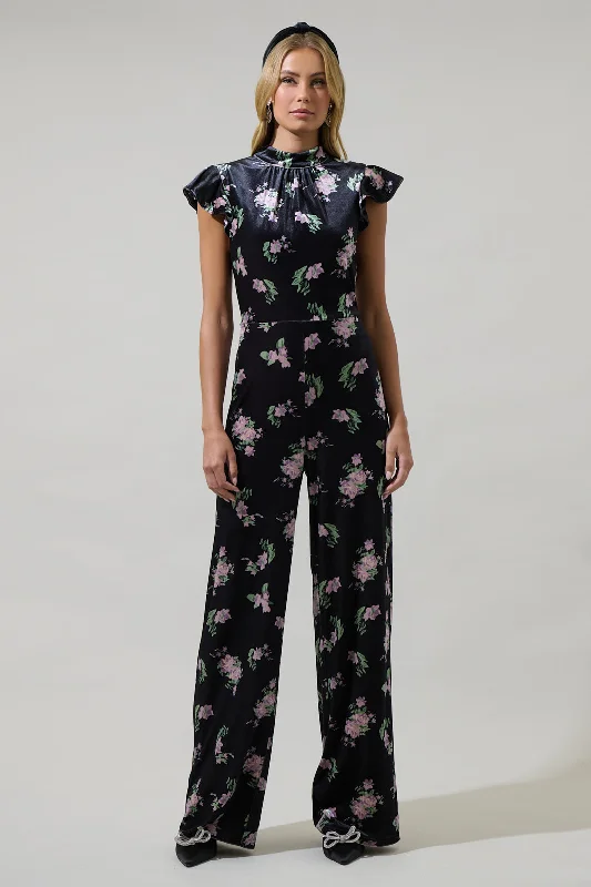 Women's Plus-Size Outfit Erica Floral Arabella Mock Neck Wide Leg Jumpsuit